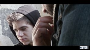 Hoodie-wearing twink sucking this dude's cock