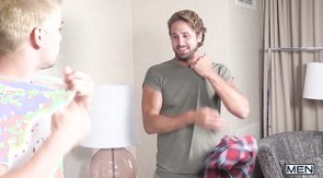 Bearded and curly dude sucking his boyfriend's cock