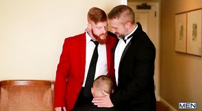 Red get-up redhead teams up with his buddy to fuck a twink