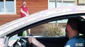 Red t-shirt hunk asserting dominance over his boyfriend