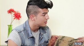 Bearded older guy gets a blowjob from an exotic teen twink