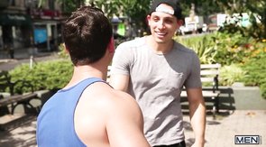 Grey t-shirt dude sucking his boyfriend's cock on a bed