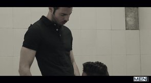 Public bathroom blowjob with two big-dicked dudes