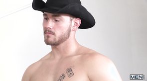 Gay cowboy in flannel gets a sloppy BJ on the set