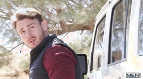 Lumberjack-looking twink sucking his boyfriend's cock