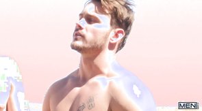 Outdoors threesome featuring naked and sweaty gay men