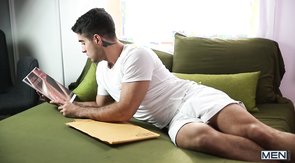 White t-shirt twink boy looking at the pictures before BJ