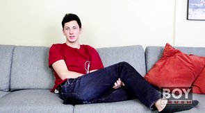 Red t-shirt and green undies twink finally undressing