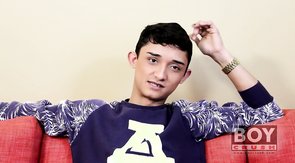 Big ears twink takes off his purple get-up and starts stroking