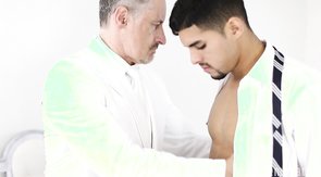 Exotic Mormon boy with a goatee gets a free handjob