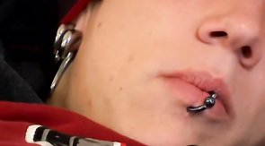 White undies pierced twink masturbating on a bed