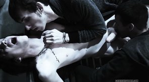 Hardcore threesome with a skinny-ass twink who's in trouble