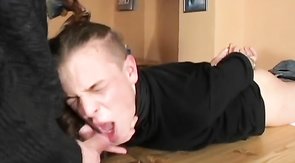 Ponytailed dude gets dominated and brutally throat-fucked on cam