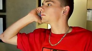 Twinky Licious dark-haired hottie stroking his impressive cock