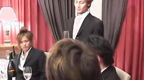 Two perfect Asian buddies are sucking hard dicks in foursome mode