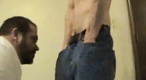 Good-looking fat dad with big beard gives a deep blowjob