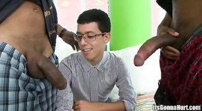 Two black guys want to fuck this nerdy white gay so much