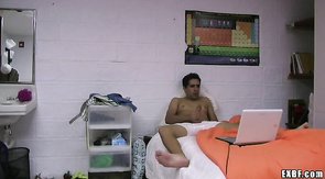 Tanned boy wanking his dick in the bedroom by ExBF studio.