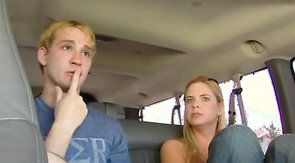 Spicy chick tricking blond dude into her van for gay sex