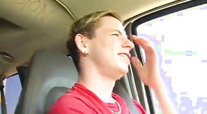 Busty blonde sitting with straight man on the backseat