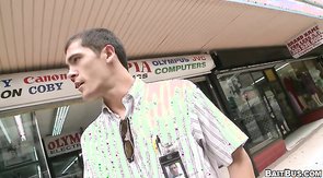 Busty babe in tight dress tricking straight boy into gay sex