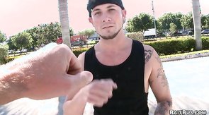 Tattooed man and horny chick in the gay van