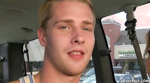 Sexy muscular male being tricked into gay van by blonde