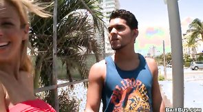 Straight man following busty blonde to get his free blowjob