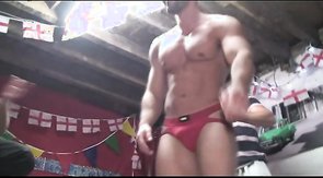 Professional muscled fighter falls on the knees just to give a blowjob