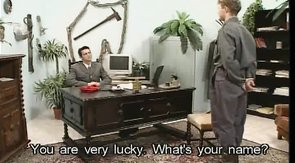 Beautiful young employee gives a good blowjob down on the knees