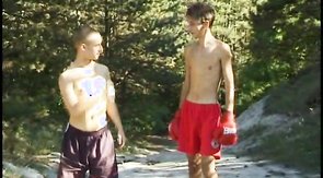 Skinny youngster seduced and fucked by two dicks on the beach