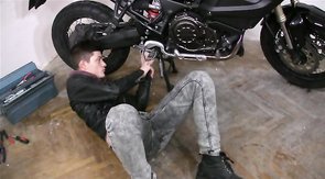 Biker mechanic pounds a sweet driver in the butthole