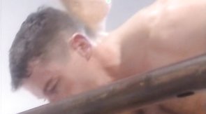 Beautiful muscled buddy is getting sucked by two huge boners