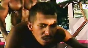 White queer gives jumps on a massive black dick in cowboy pose