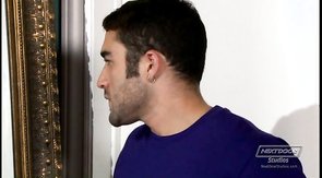 Brunette muscular gay face fucked on a couch