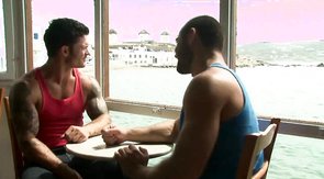 Perfect muscled friends are fucking their shared pal from both sides