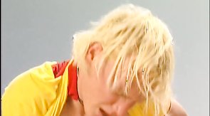 Good-looking blonde boyfriend jumps on fat dick of older partner