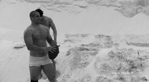 Three fully naked athletes are doing whatever they couch want