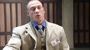 Good white lover is sucking a huge black sausage on the knees