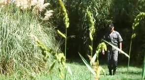 Sexy young men with huge pricks having amazing outdoor 3some