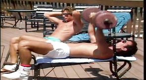 Two athletic boyfriends enjoy quick and hot anal sex after outdoor workout