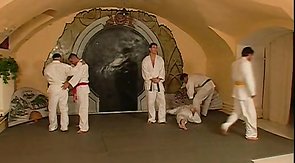 Three fighters having passionate anal sex in the locker room