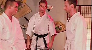 Karate guy face-fucking his submissive partner after the fight