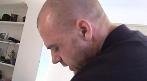 Short-haired dude eagerly takes that cock in his whore mouth