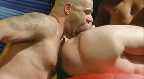 Skilled fucker hops on two cocks for a double anal fuck