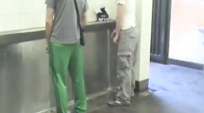 2 boys getting off in public toilet
