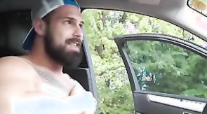 Spicy bearded driver shooting himself wanking at the wheel