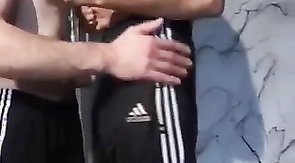 Muscular amateur boy is sucking juicy prick after workout