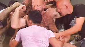Bald bodybuilders banging their friend from both sides