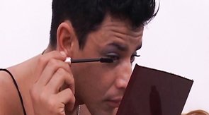 Sexy cross-dressed guy masturbating on camera